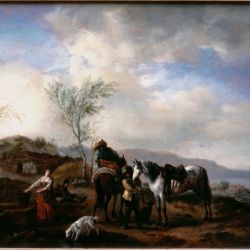 Two Horsemen near a Fountain